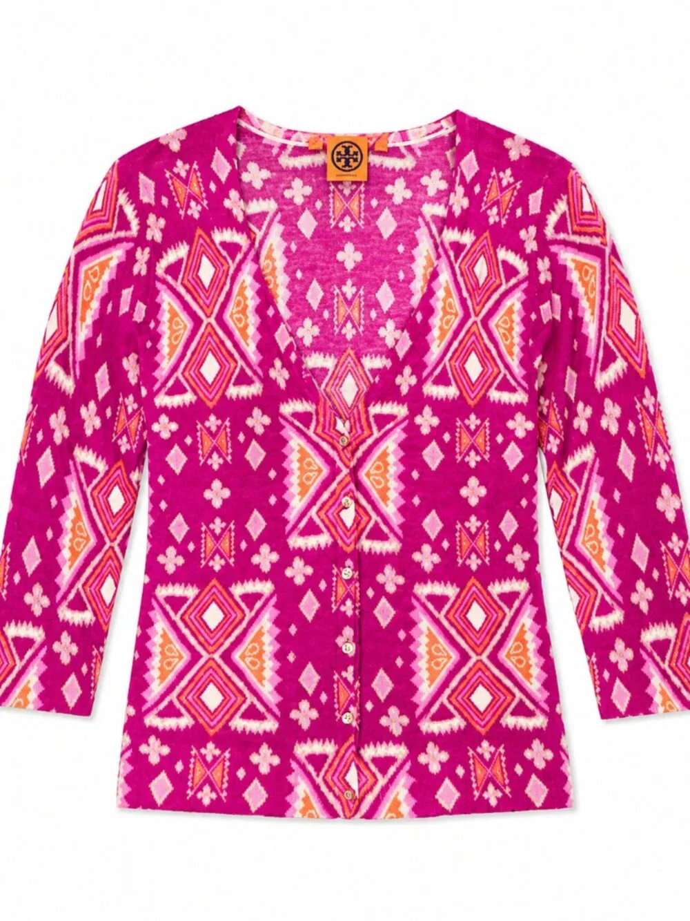 Tory Burch 100% Merino Wool Pink Print Cardigan Sweater Size Small